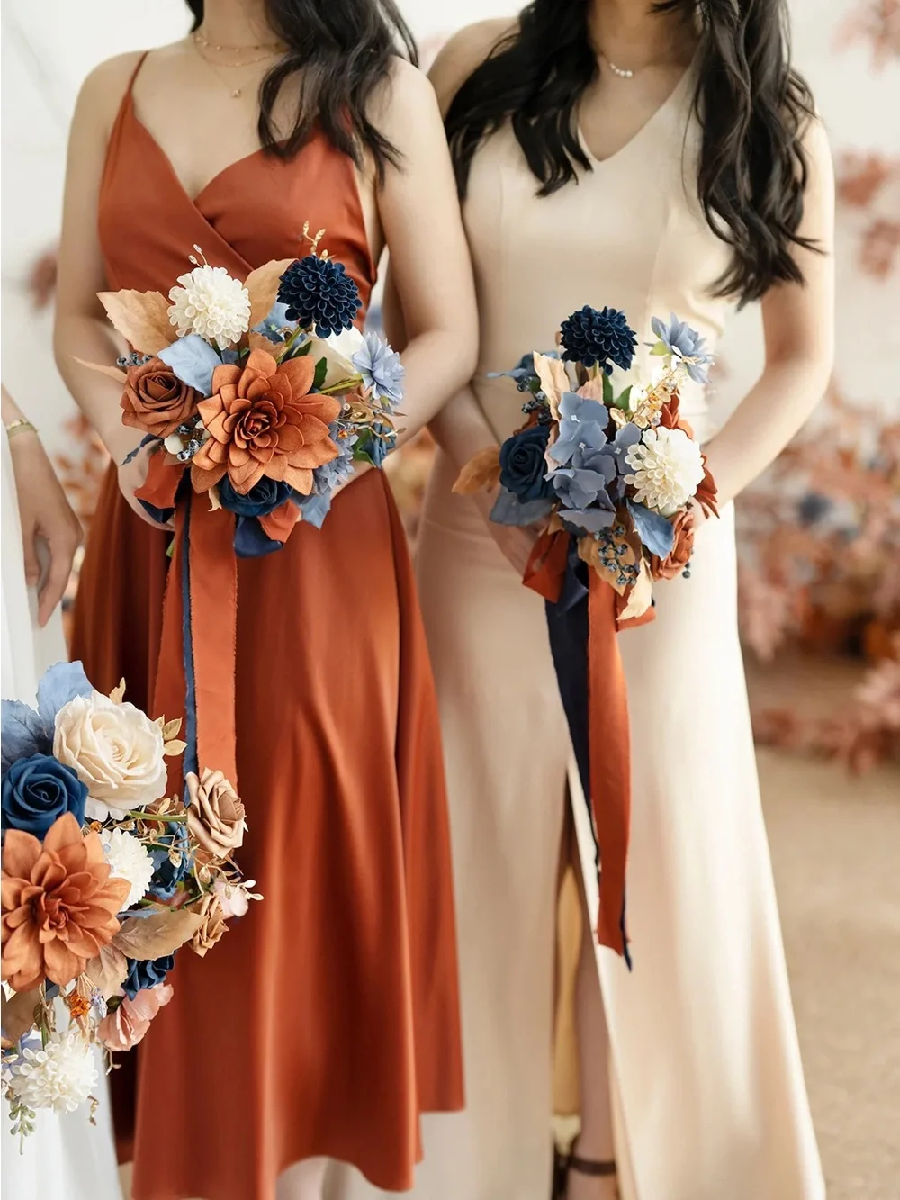Wedding Bridesmaid Bouquet in Blue and Orange (Set of 4)